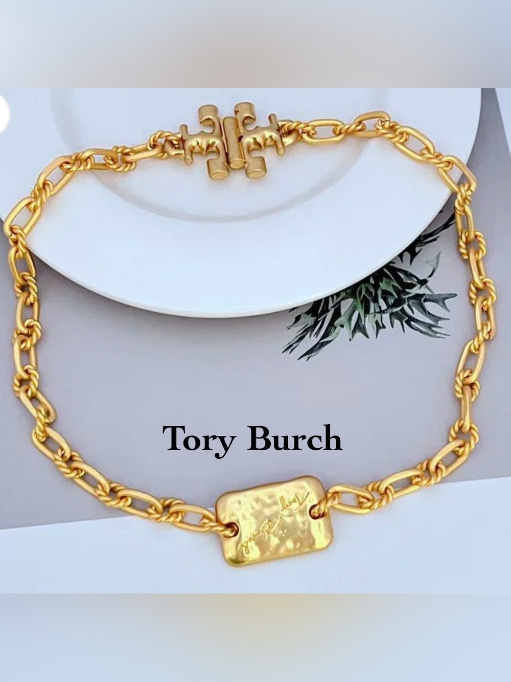 NWT Tory Burch Torsade Necklace in Tory Matte Gold with iconic Double T motif